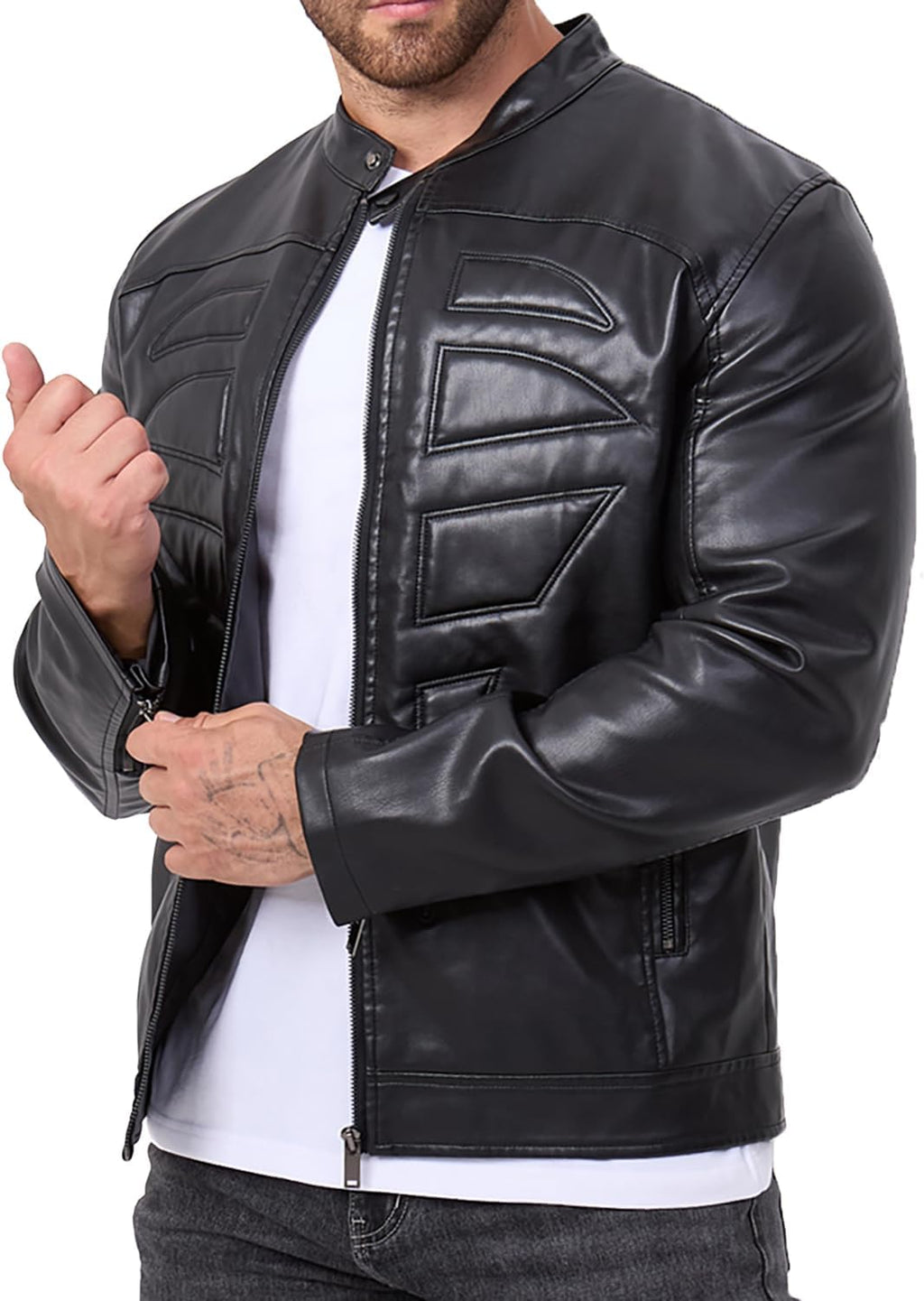 Mens Motorcycle PU Leather Jackets Stand Collar Biker Windbreaker Zip-up  Outwear