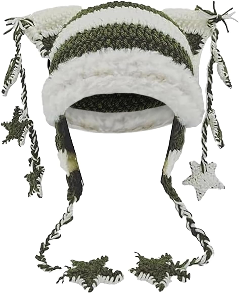 Y2k Beanie Knitted Hat Cute Cat Beanie Warm Loose Crochet Hat Women