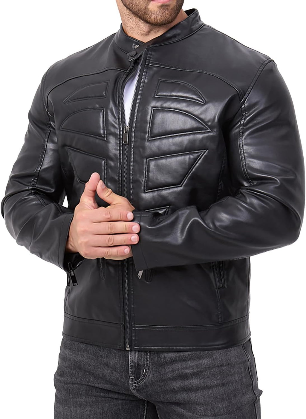 Mens Motorcycle PU Leather Jackets Stand Collar Biker Windbreaker Zip-up  Outwear