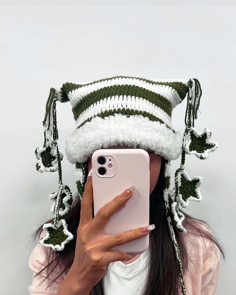 Y2k Beanie Knitted Hat Cute Cat Beanie Warm Loose Crochet Hat Women