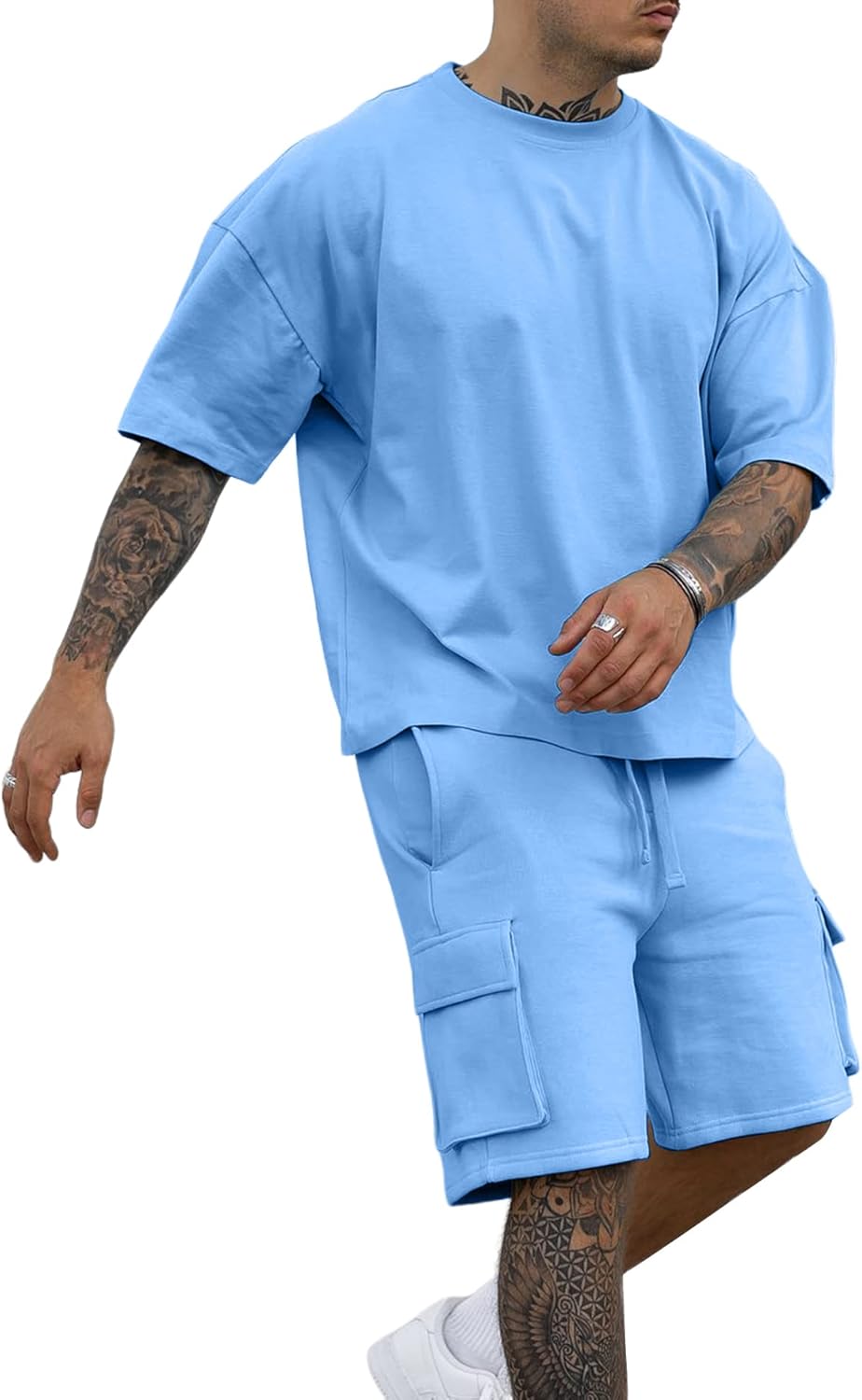 Men 2 Piece Outfits Casual Tracksuit Cargo Shorts Summer Athletic Drop Shoulder Sleeve Sportwear Set