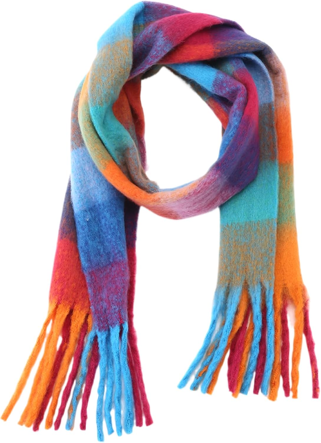 Winter Warm Super Soft Rainbow Long Shawl,Women's Faux Cashmere Knitted Thick Blanket Scarf,Tassels Scarf