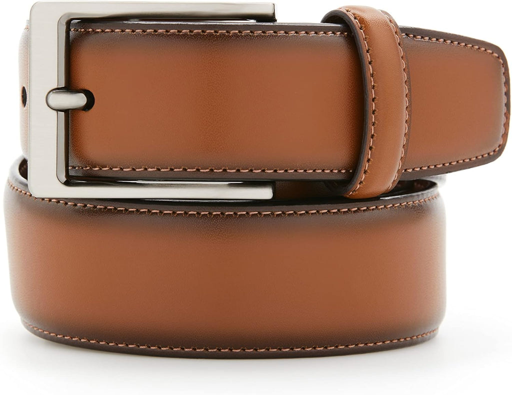 Men's  Dress Belt, Leather, Stitched Edges, Metallic Buckle, 1.5" Width (Available in Big & Tall)