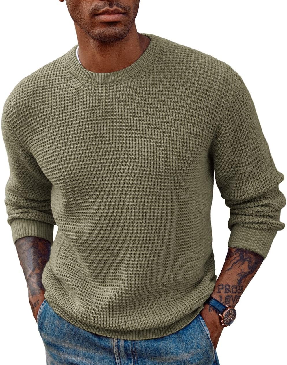 Men Crewneck Pullover Sweater Waffle Textured Long Sleeve Knitted Sweaters