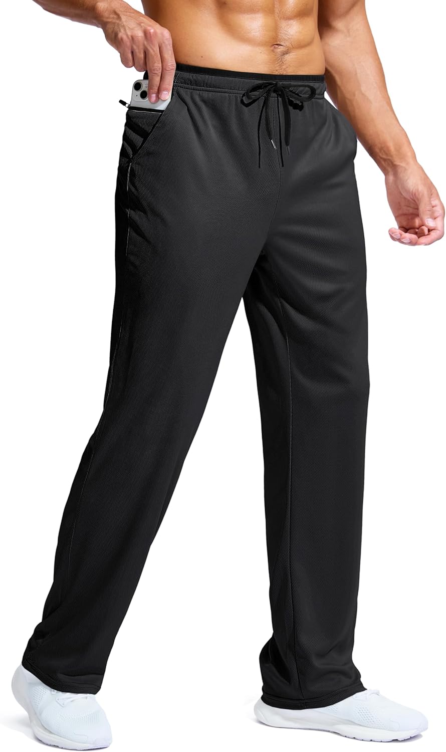 Men Lightweight Mesh Sweatpants Loose Fit Open Bottom Athletic Workout Gym Pants with Zipper Pockets