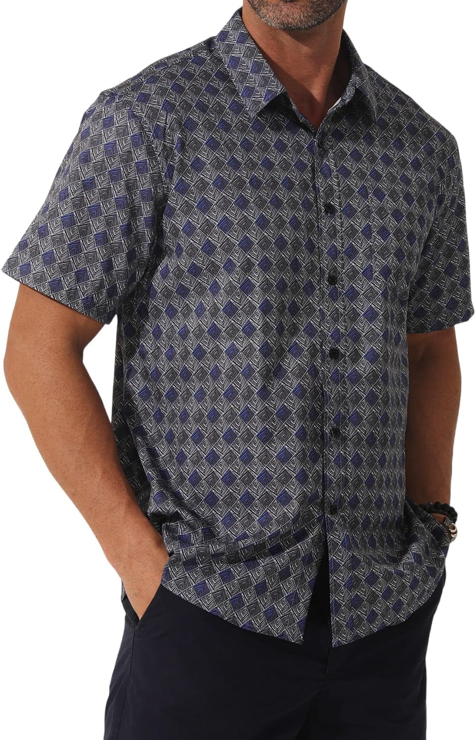 Men Short Sleeve Printed Business Shirt Button Down Dress Casual Polka Dot Print Shirt