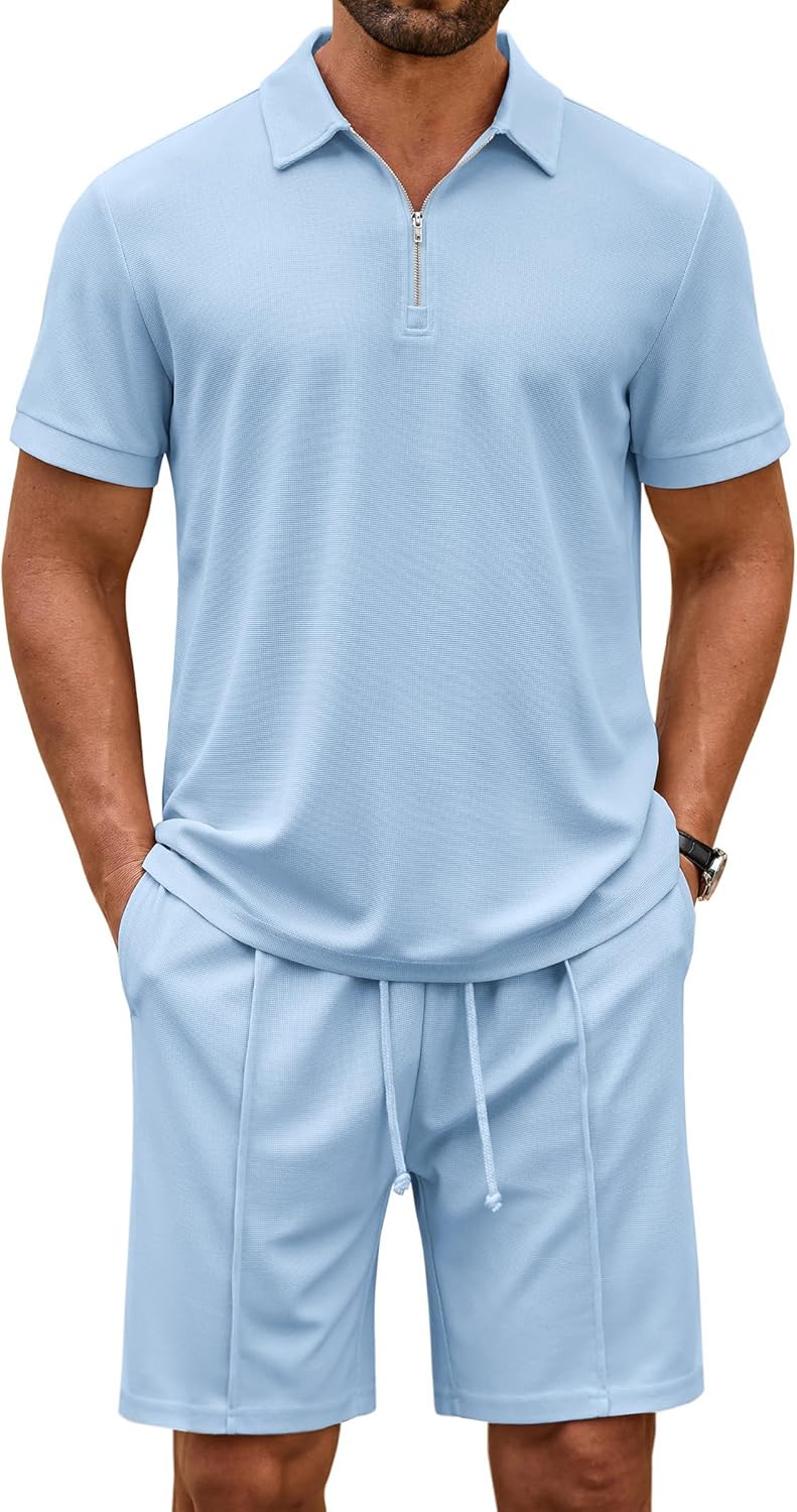 Men Track Suits 2 Piece Set Quarter Zip Polo Shirt and Shorts Set Summer Casual Outfits