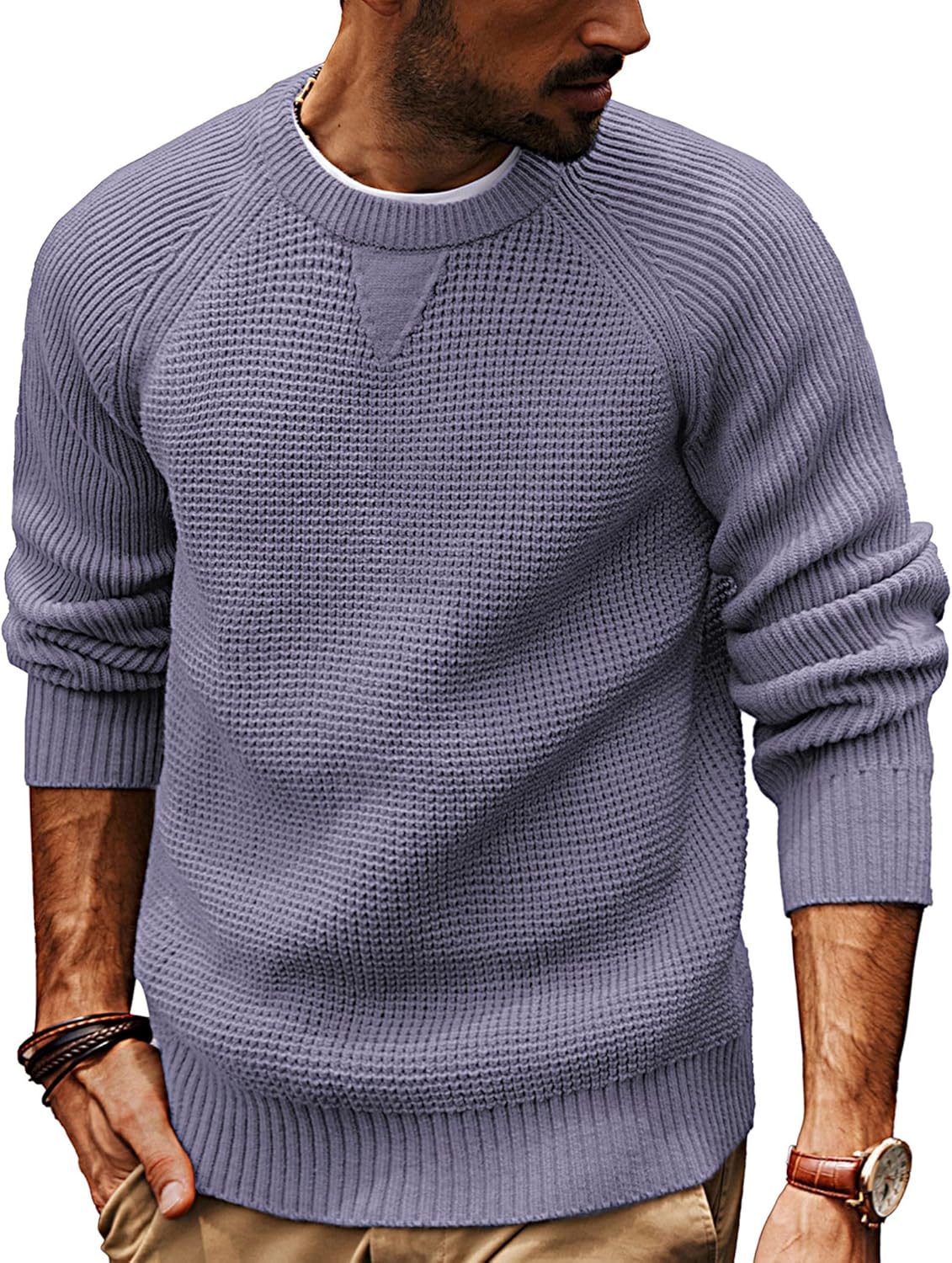 Men Crewneck Sweater Waffle Knitted Pullover Sweaters Raglan Sleeve Knitwear Sweaters